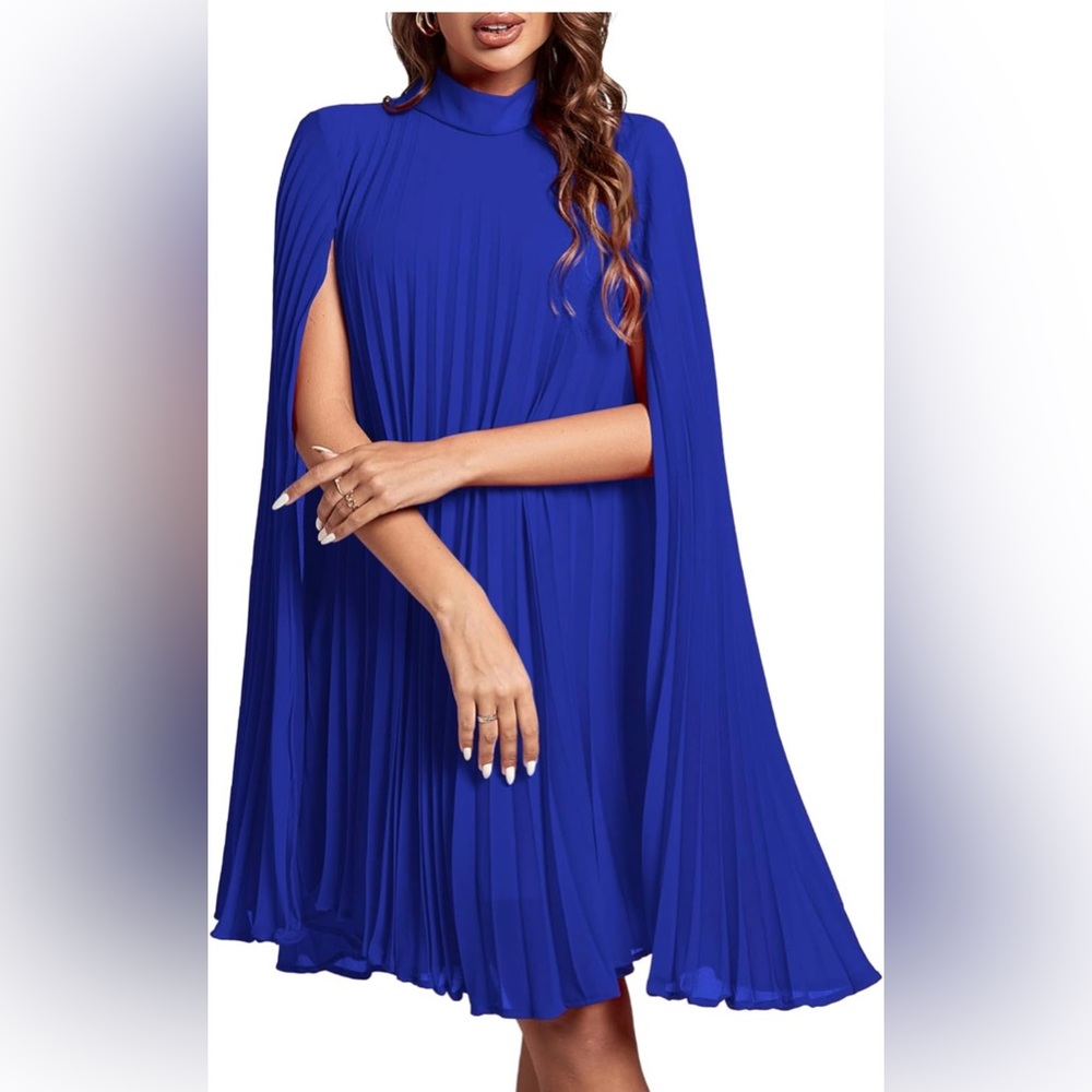 Mock Neck Cloak Sleeve Pleated Flowy Party Cocktail Dress